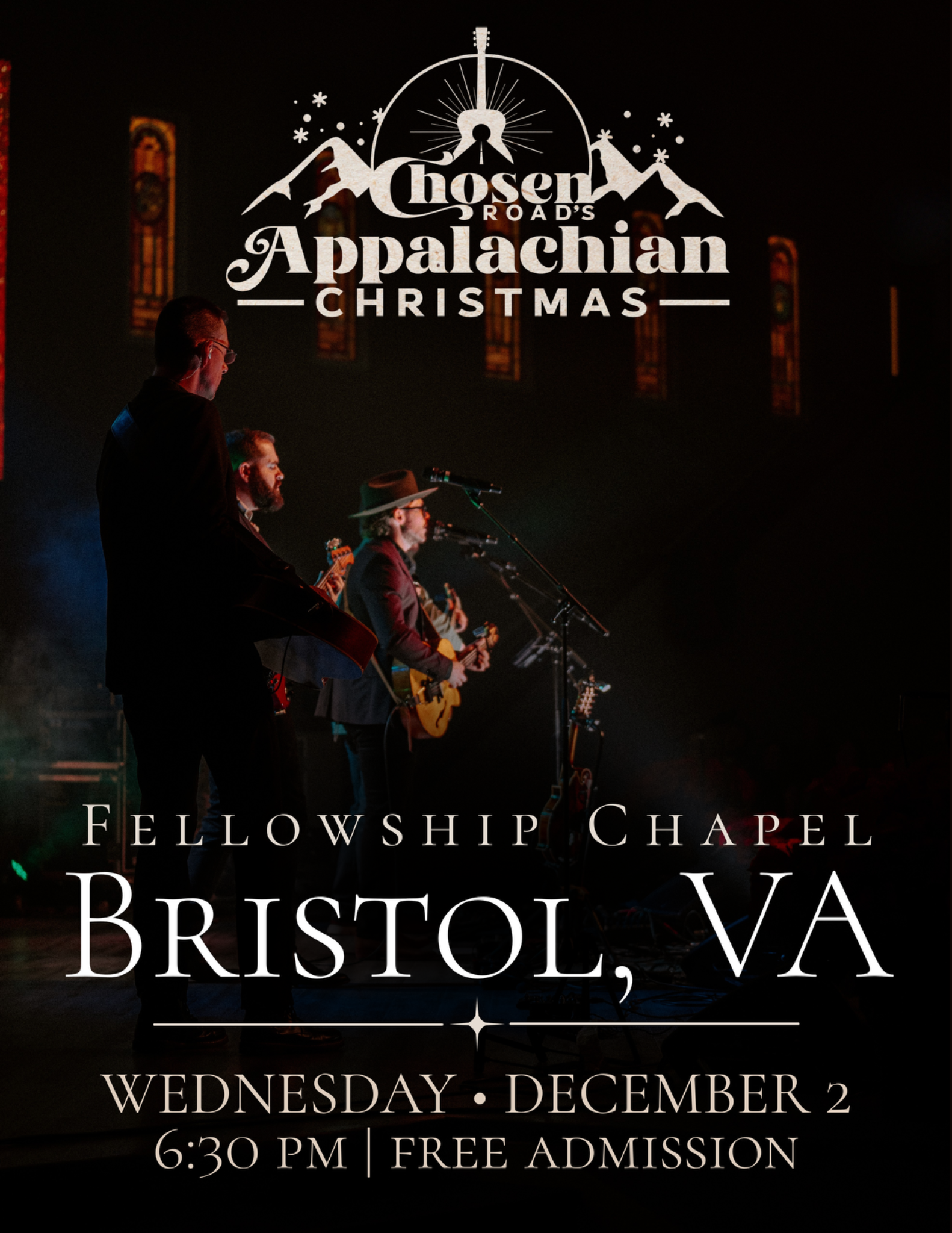 Chosen Road's Appalachian Christmas promotional flyer featuring the band on stage at Fellowship Chapel